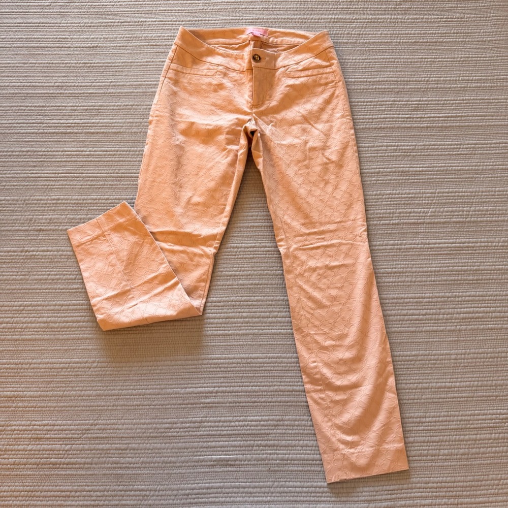 Lilly Pulitzer Womens Kelly Ankle Pants Peach Apricot Jacquard Trellis Size 00